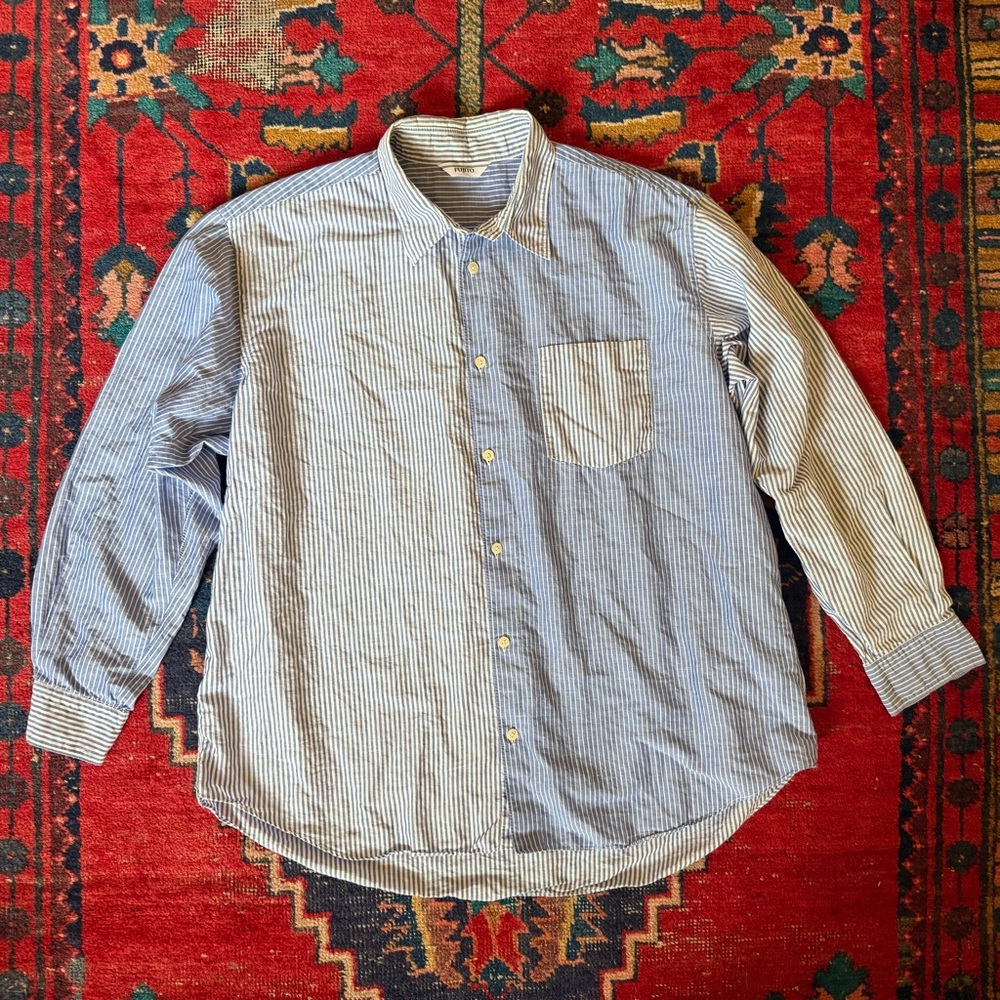 FUJITO Blue White Alternate Stripe Button-Up Shirt - Cotton Linen - $280 - Japan